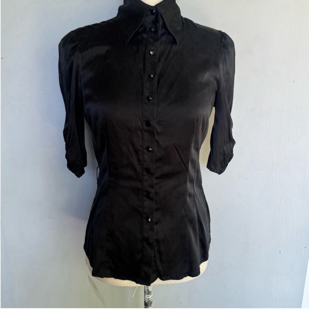 Bebe Black Button Down Silk Blouse M